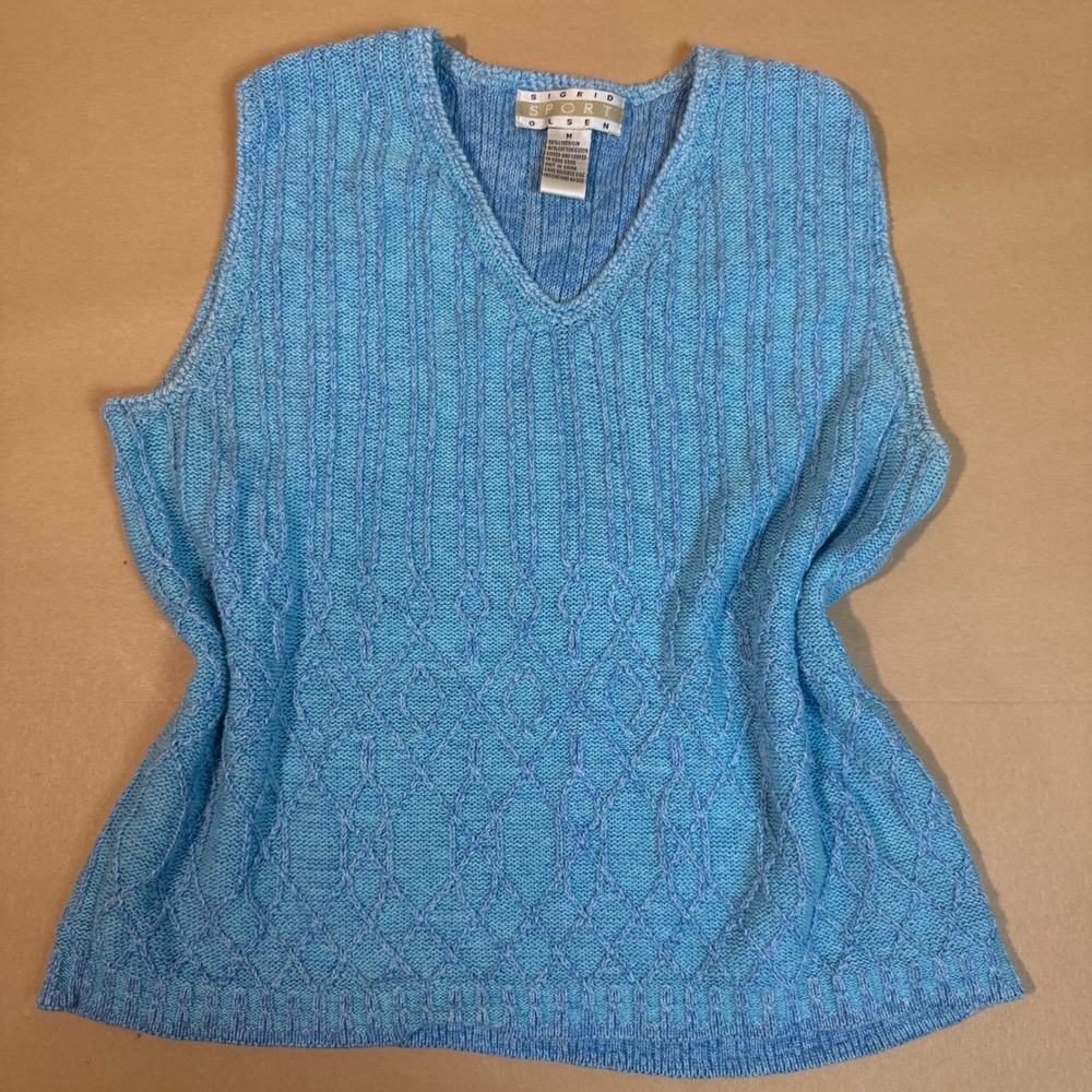 Vintage Sigrid Olsen Sport Knit Vest Top Blue V Neck Cotton Linen Blend‎ size M